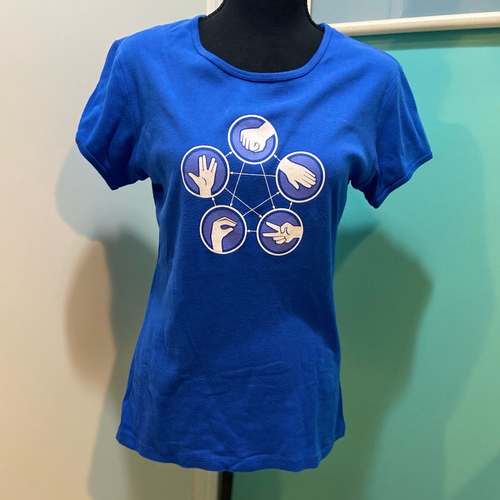 Think Geek tee - Rock, Paper, Scissors, Lizard, Spock graphic. Women’s Large.